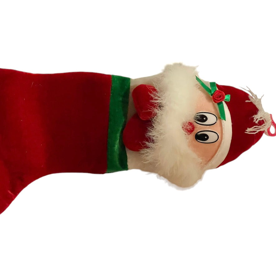 Adorably Detailed 14" Christmas Stocking with a Furry Bearded Santa, Plastic Eyes EUC