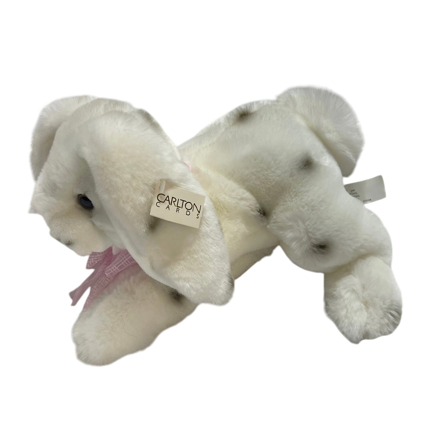 Ultra Soft White Plush Lop Eared Bunny, Black Spots, Weighted Bean Bottom. Pink Satin Nose