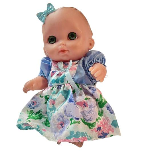 Berenguer 8.5"  LIL' CUTIE Blue Eyed Baby Doll, Blue Eyes & Blue Polka Dot Bow in EUC