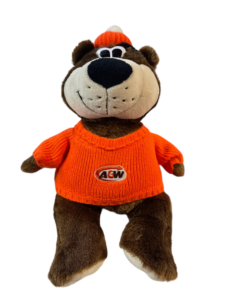 A&W Logo Root Bear Mascot Vintage 17" Stuffed Animal Plush Orange Sweater & Bobble Hat.