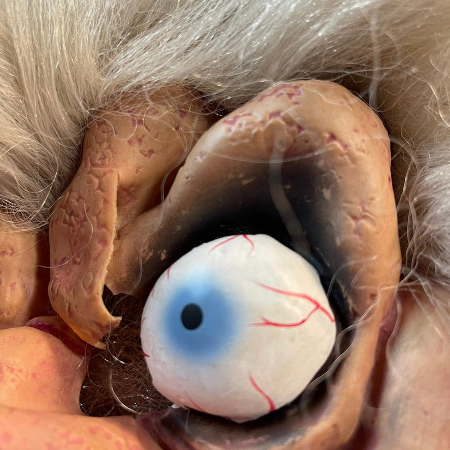 Gruesome Halloween Mask, Long Grey Hair. Bulging Eyes, Rotten Teeth