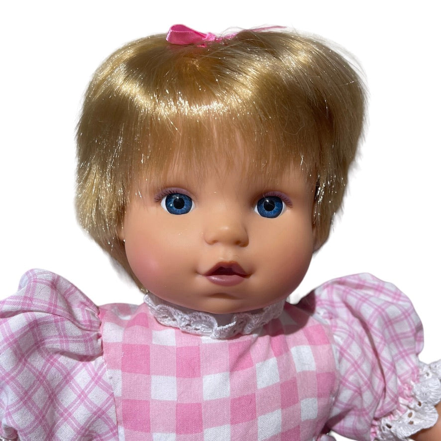 Blond Blue Eyed Baby Doll, Vinyl  with Cloth Body Sweetly  Dressed  in Pink Gingham