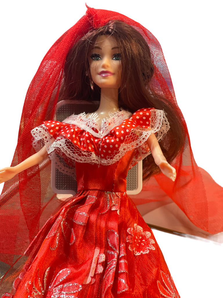 Beautiful Brunette Fashion Doll in Red Floral Sparkle Dress,Tulle Veil &Hoop Earrings