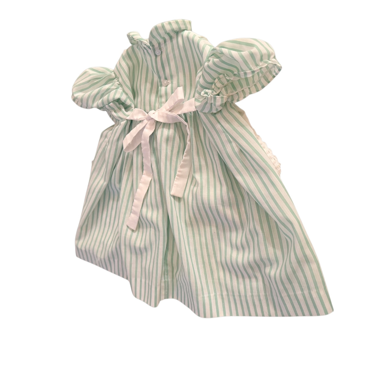 Vintage 'Nanette' Mint Striped Pinafore Dress, Dainty Floral Embroidery with Butterfly Applique