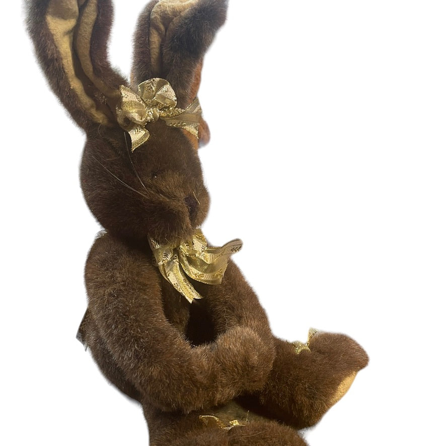 Chocolate Brown 18" Stuffed Plush Bunny Rabbit, Jointed Legs, Gold ribbon