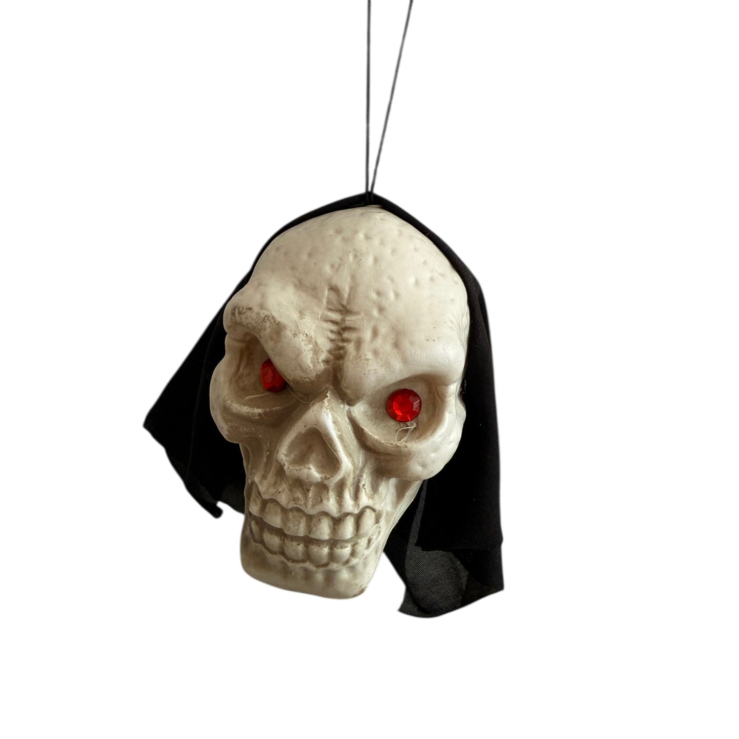 Jewel Eyed Skull with Black Filmy Head Cover & Hanging Loop  in Good Preowned Condition