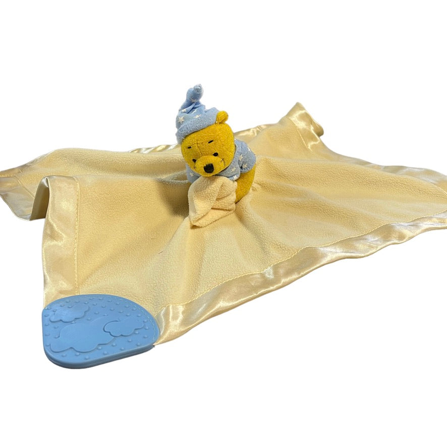 Disney Winnie the Pooh Security Lovey Blanket Yellow Satin Edged with Blue Teether