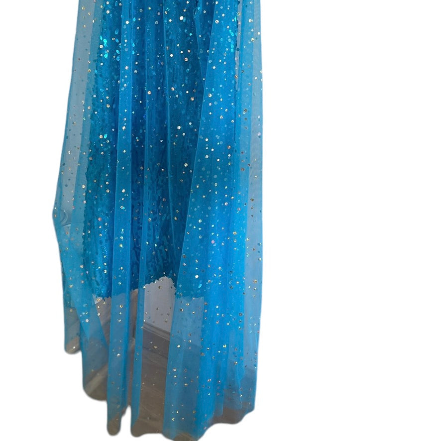 Frozen Turquoise Sequinned Elsa Fancy Dress with Sparkly Mesh Sleeves and Train EUC