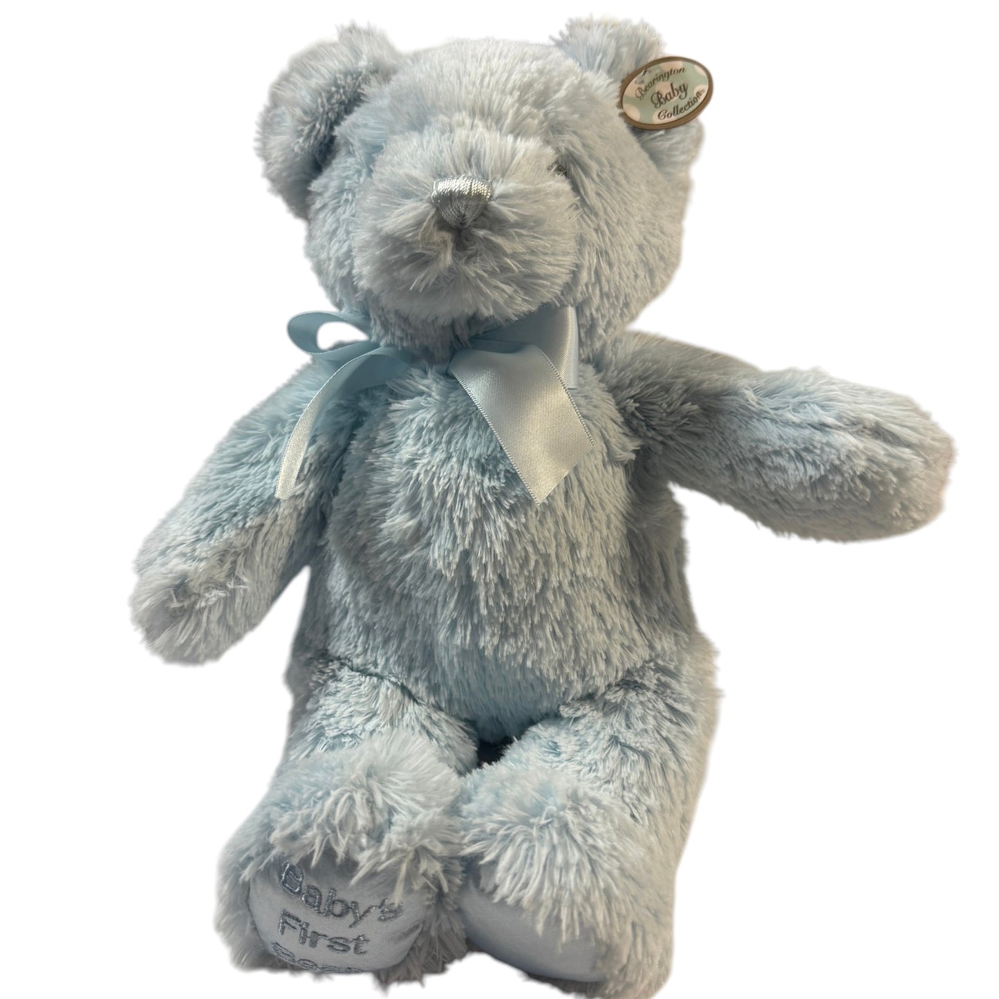 Bearington Baby Fuzzy Blue 12"  Bear, ''My FirstTeddy' with Satin Nose, Neck Ribbon & Feet EUC