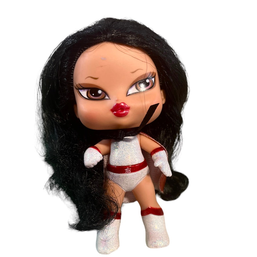 Bratz Super Babyz Superhero, 'Jade,' 5" Doll Luxurious Black Hair White & Red Glitter Outfit with Cape