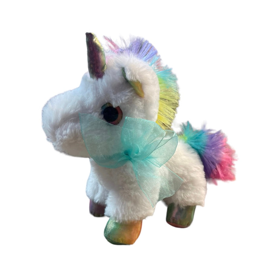 7" White Unicorn Stuffed Animal Plush With Rainbow Horn, Hooves, Ears and Tail