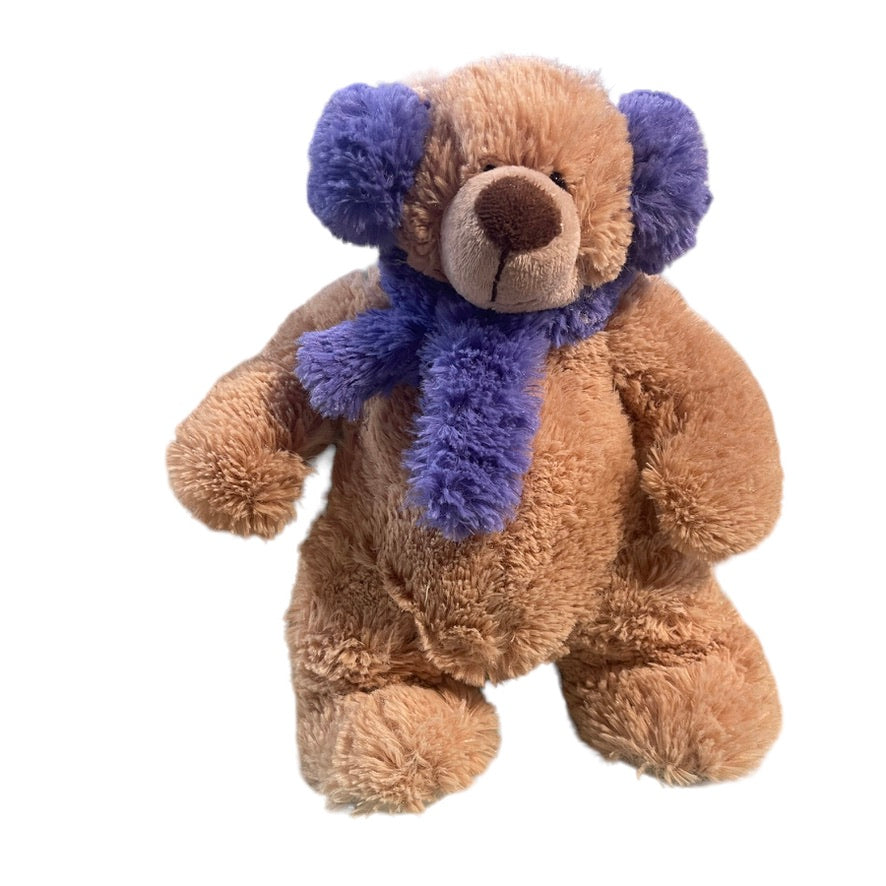 Beverly Hills Teddy Bear Company 11" Fluffy Tan Stuffed Bear with Purple Ear Muffs and Scarf