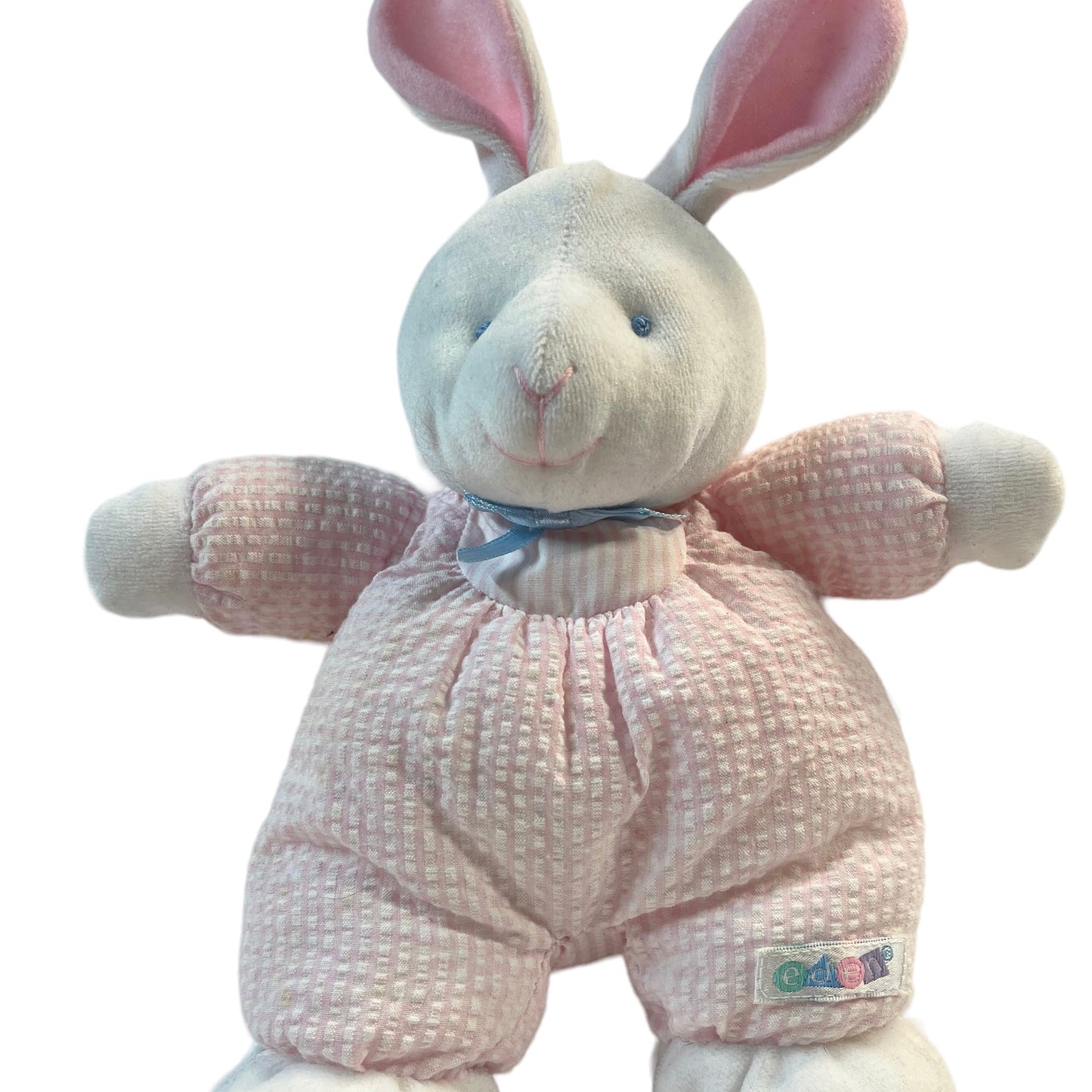 Baby Eden Bunny Vintage 11"  Pink Waffle Weave Romper, Rattle & Embroidered Face