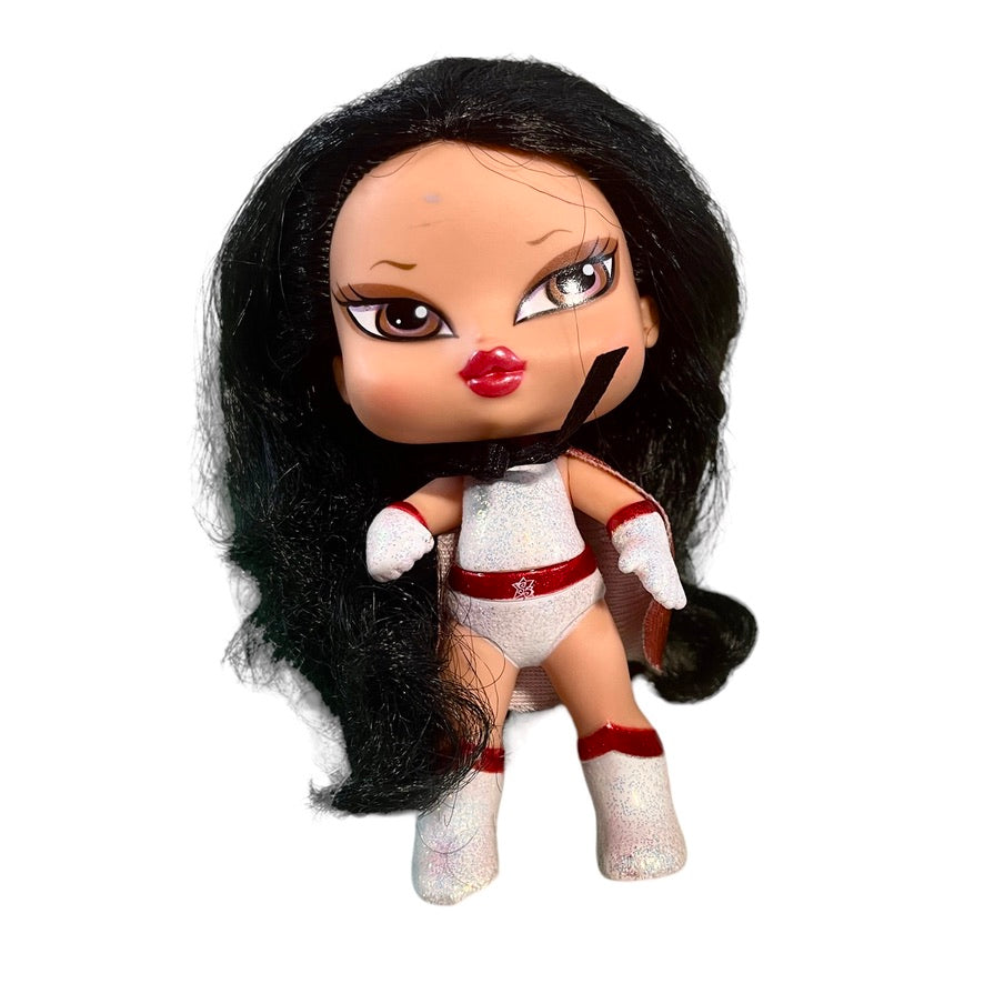 Bratz Super Babyz Superhero, 'Jade,' 5" Doll Luxurious Black Hair White & Red Glitter Outfit with Cape