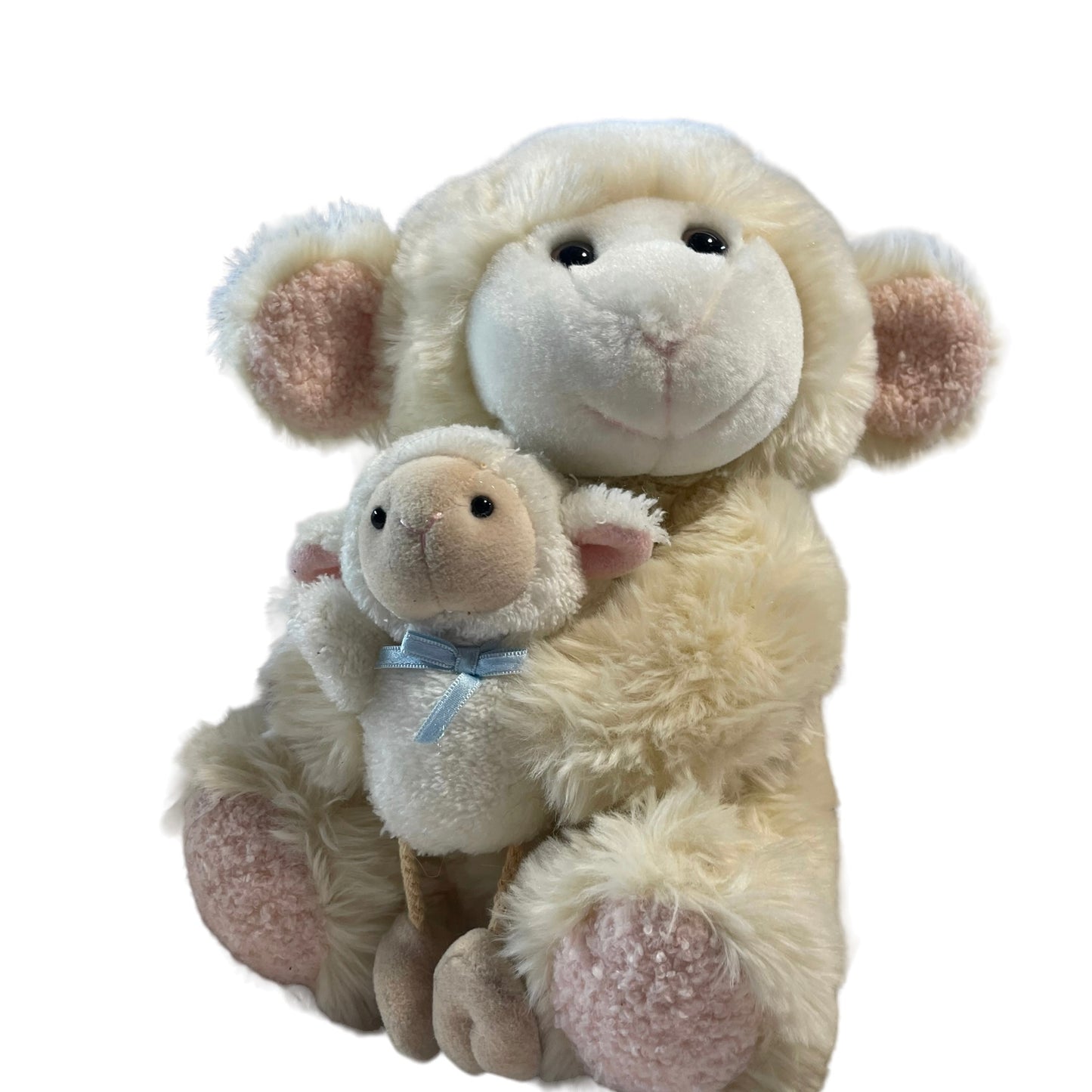 Mama & Baby, Cream 12" Lamb & 6" Baby, Glass Eyes & Pink Nubby Feet. Preowned, no Tags