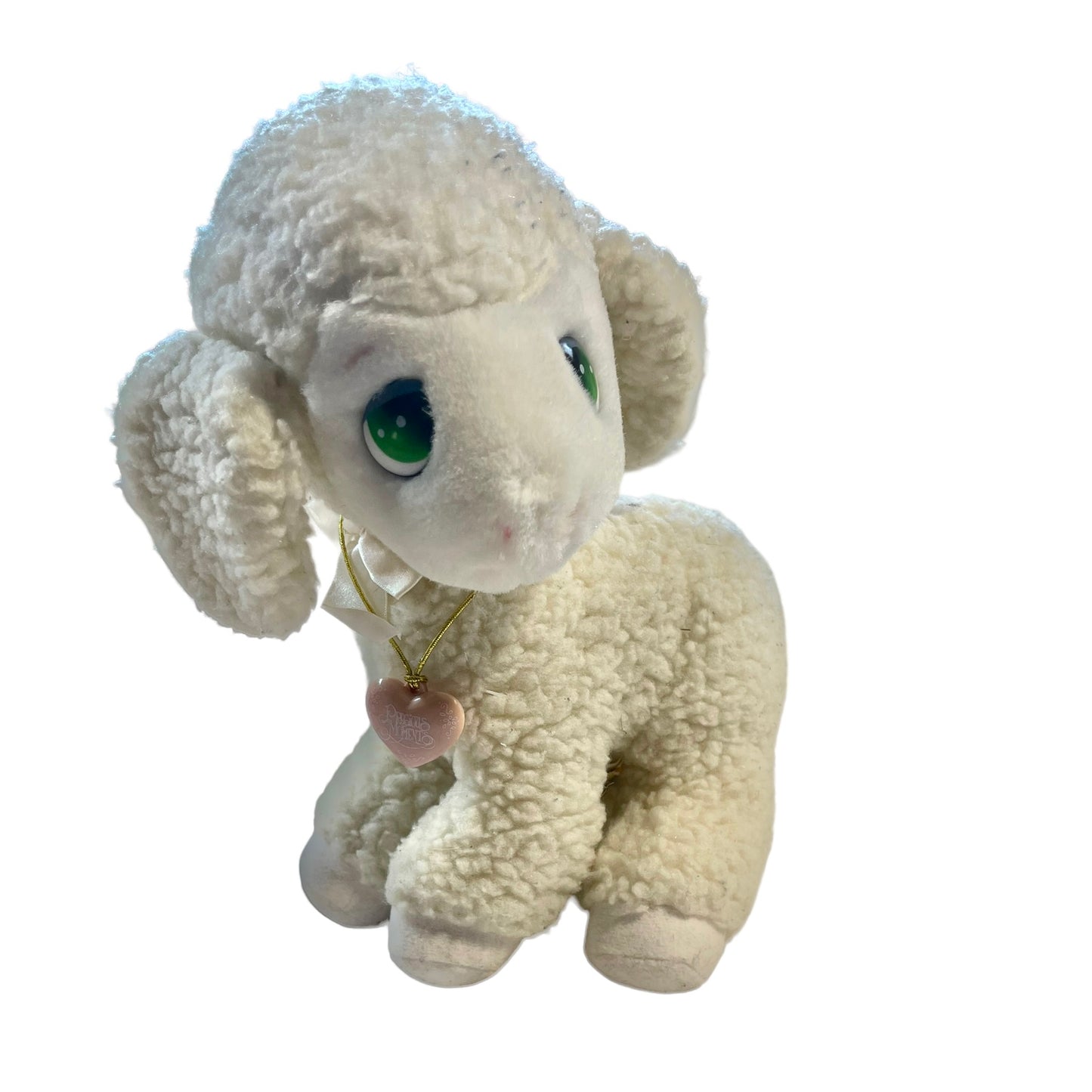 Vintage Applause Precious Moments  Sherpa Lamb with Green Plastic Eyes and Pink Heart Necklacee