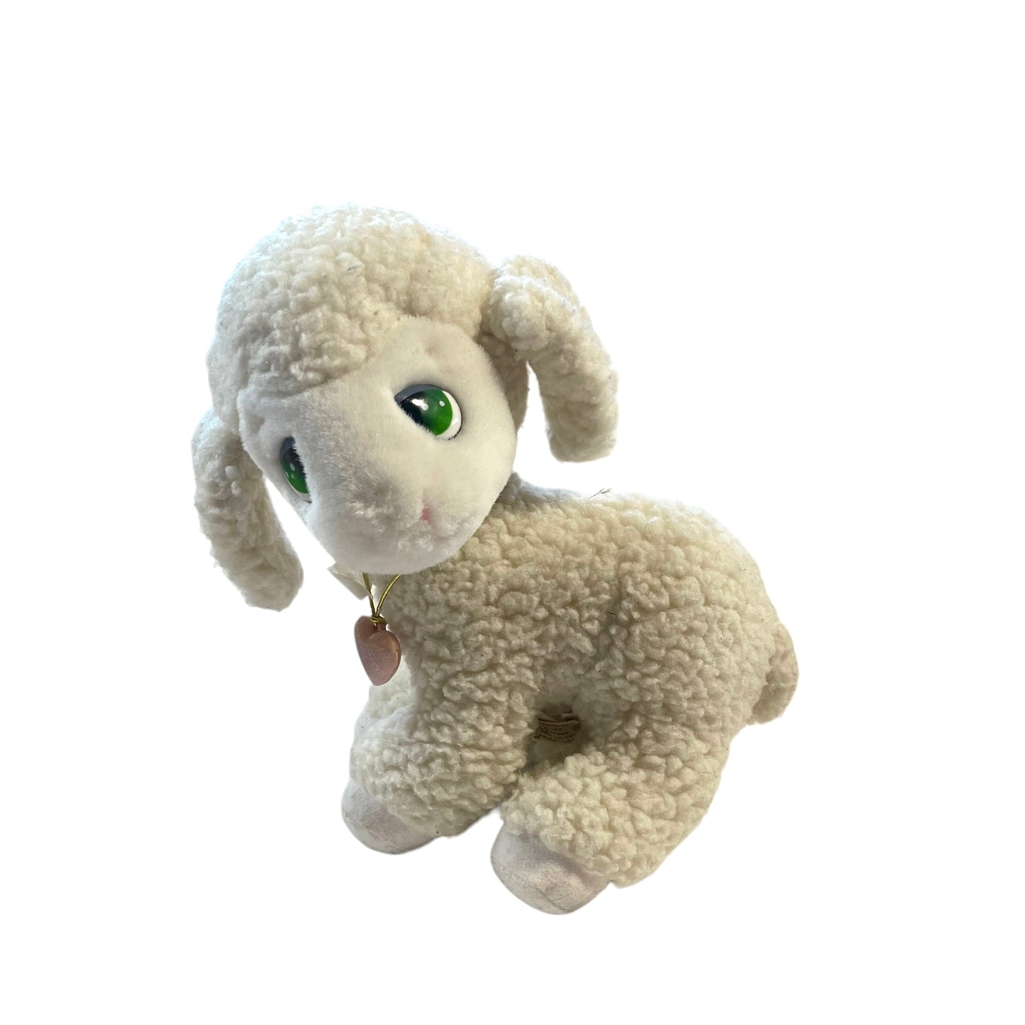 Vintage Applause Precious Moments  Sherpa Lamb with Green Plastic Eyes and Pink Heart Necklacee