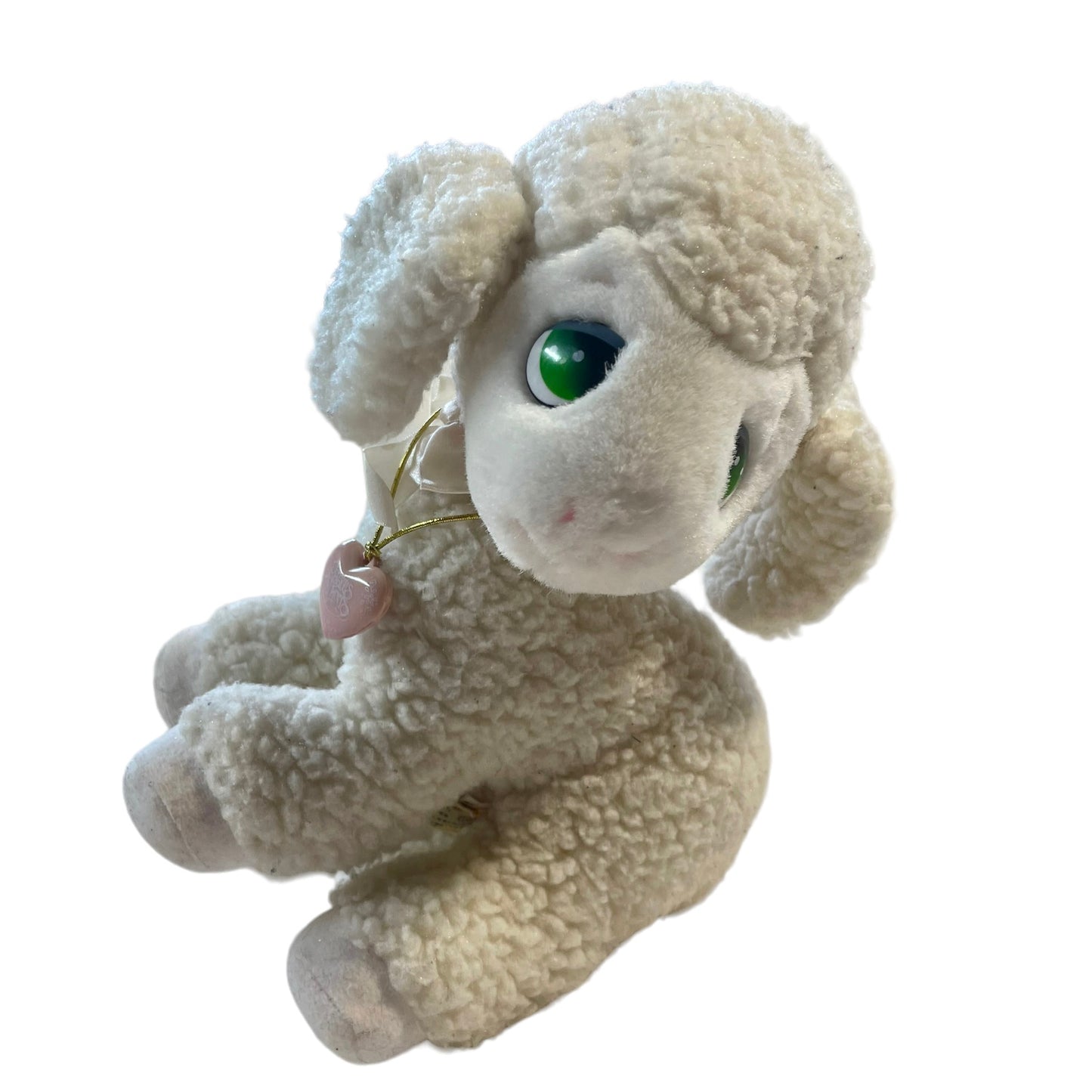 Vintage Applause Precious Moments  Sherpa Lamb with Green Plastic Eyes and Pink Heart Necklacee