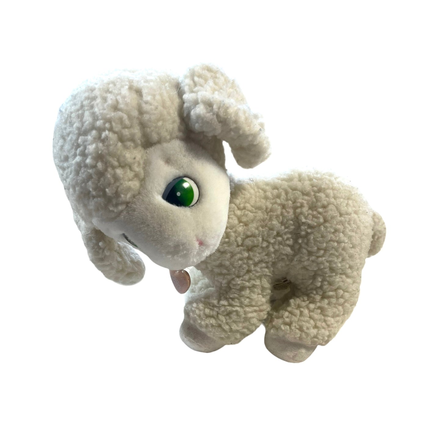 Vintage Applause Precious Moments  Sherpa Lamb with Green Plastic Eyes and Pink Heart Necklacee