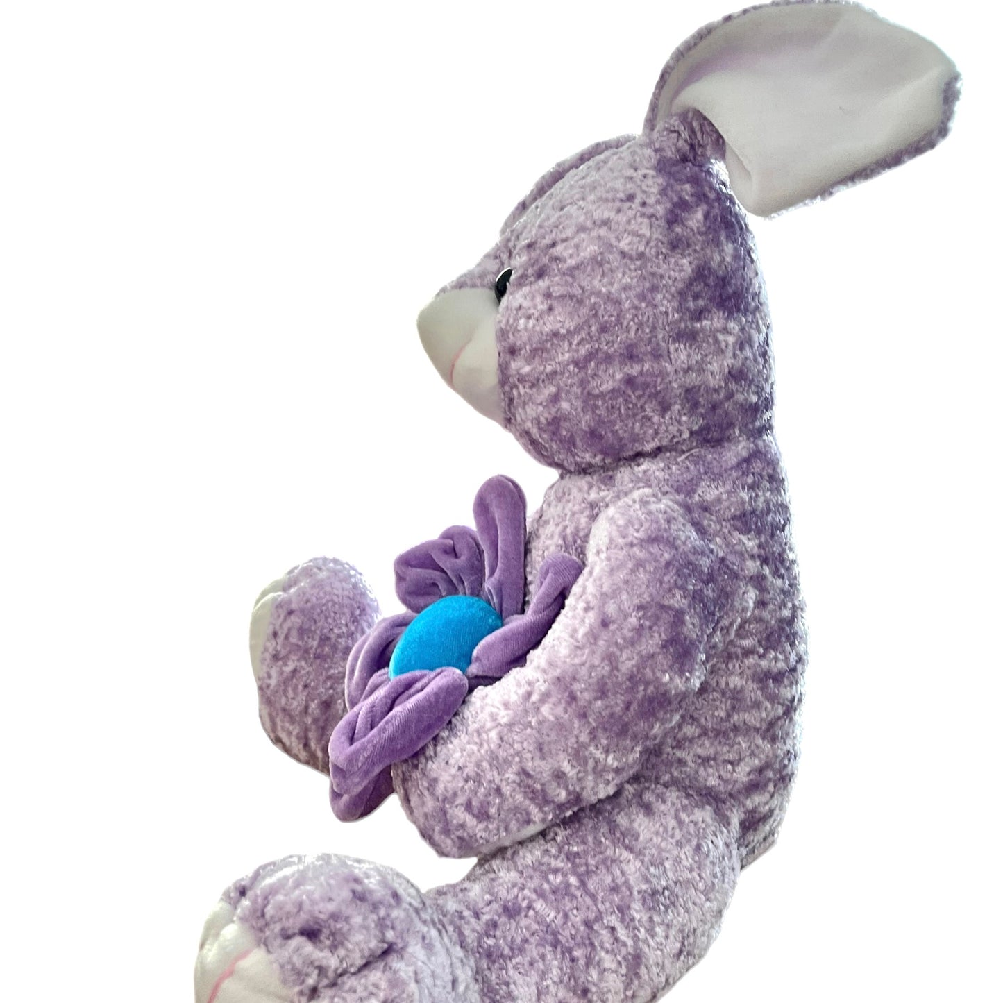 Velvety Frosted Lavender Bunny Plush with Large Purple Flower, Vintage.