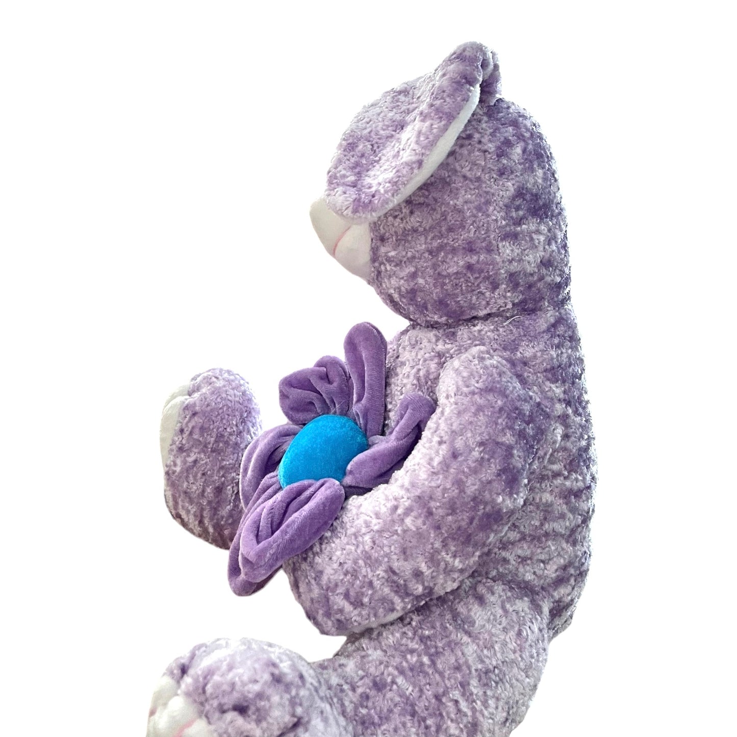 Velvety Frosted Lavender Bunny Plush with Large Purple Flower, Vintage.