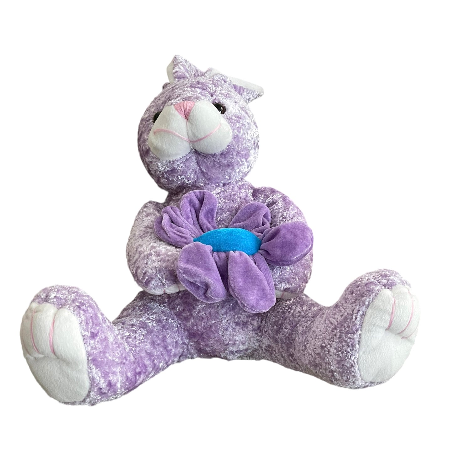 Velvety Frosted Lavender Bunny Plush with Large Purple Flower, Vintage.