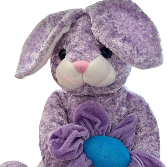 Velvety Frosted Lavender Bunny Plush with Large Purple Flower, Vintage.