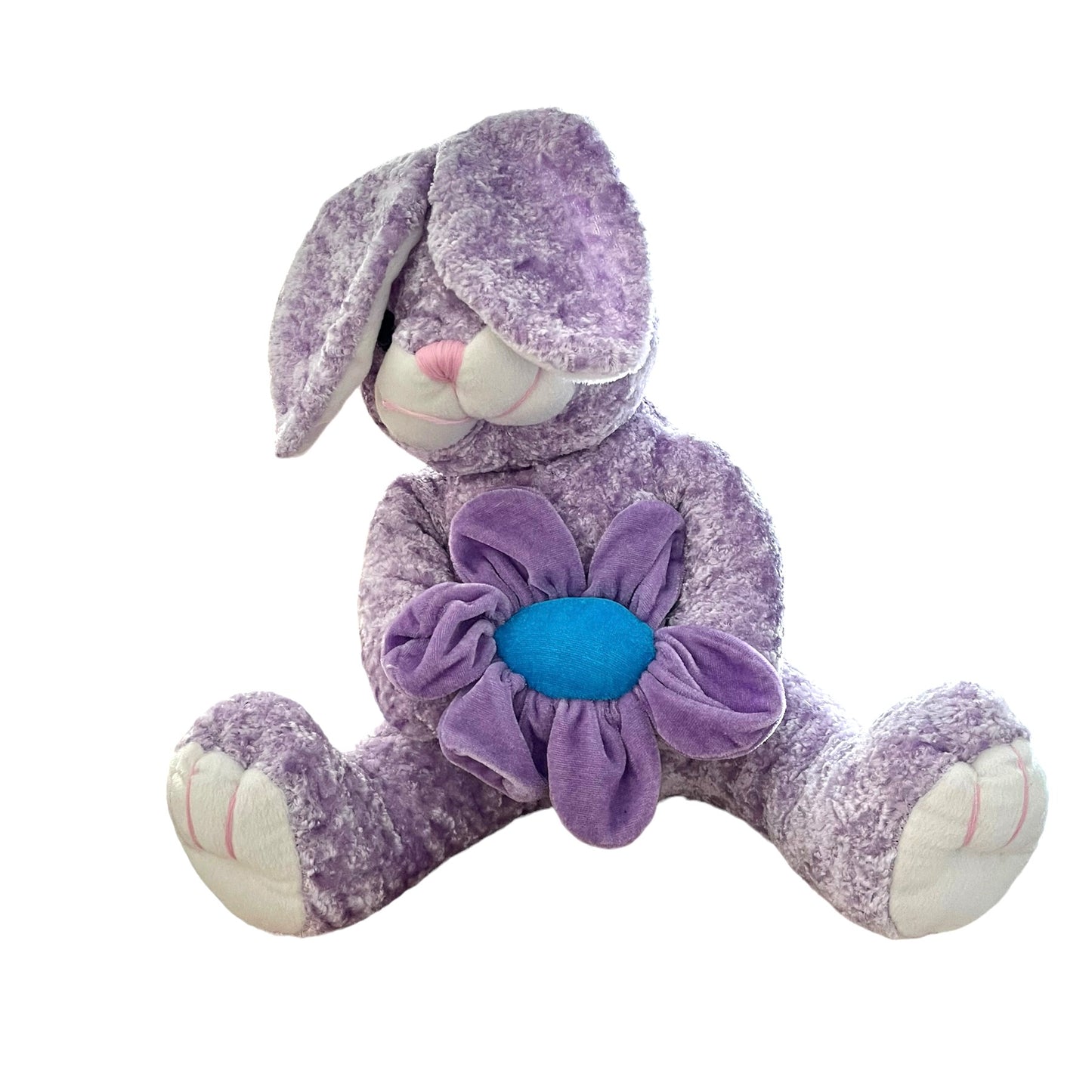 Velvety Frosted Lavender Bunny Plush with Large Purple Flower, Vintage.