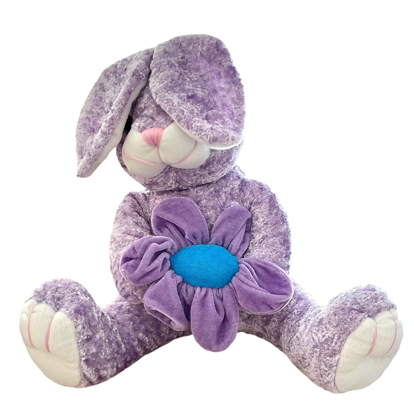 Velvety Frosted Lavender Bunny Plush with Large Purple Flower, Vintage.