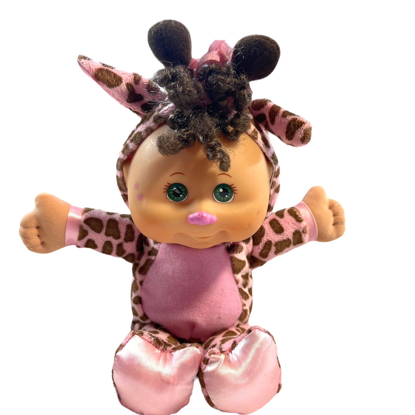 Cabbage Patch Kids Cuties Doll, Pink/Brown Giraffe 10" Green Eyes and Curly Dark Hair