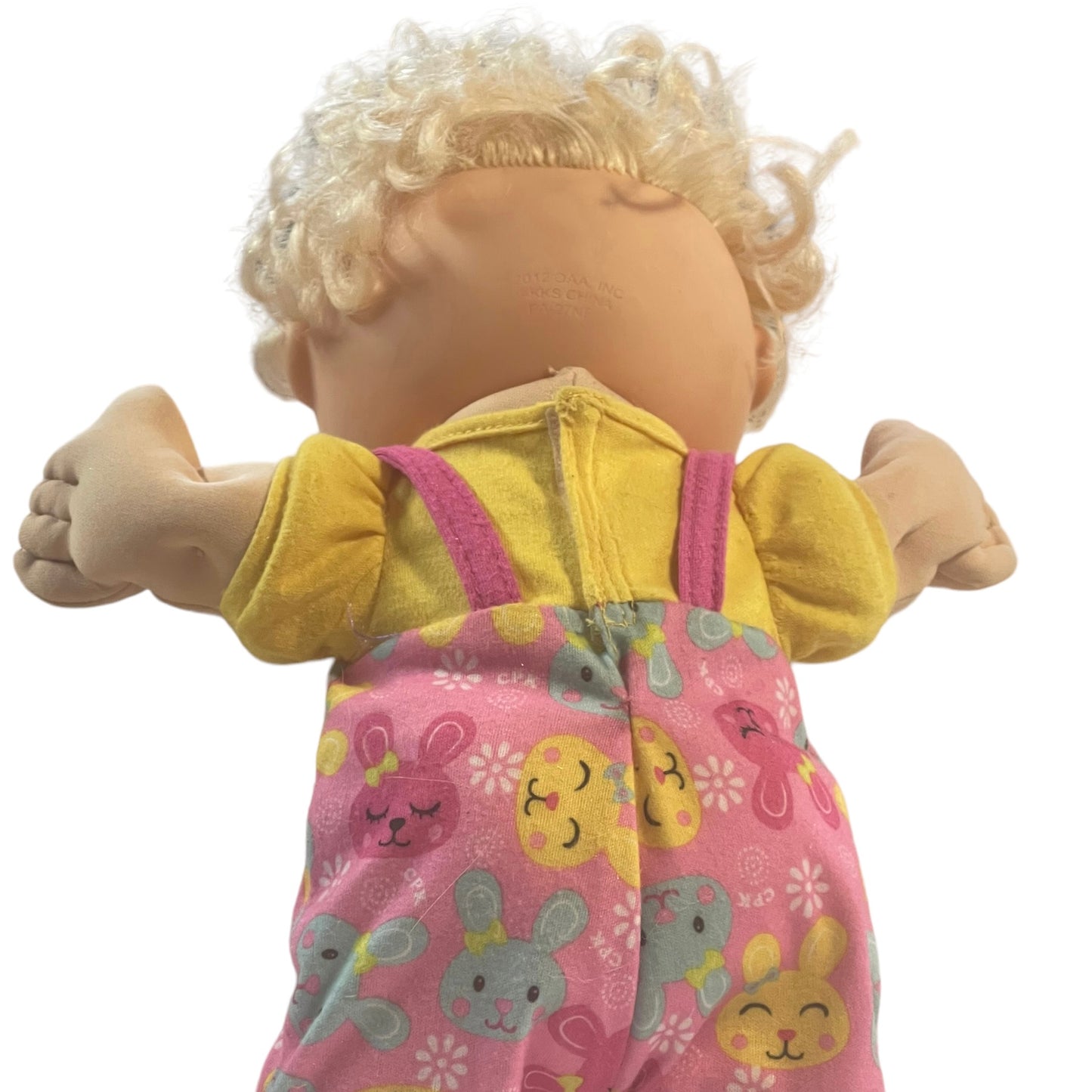 Sweet Blond Scented Curly Hair Cabbage Patch Doll Pink/Yellow Bunny Print Overall GUC