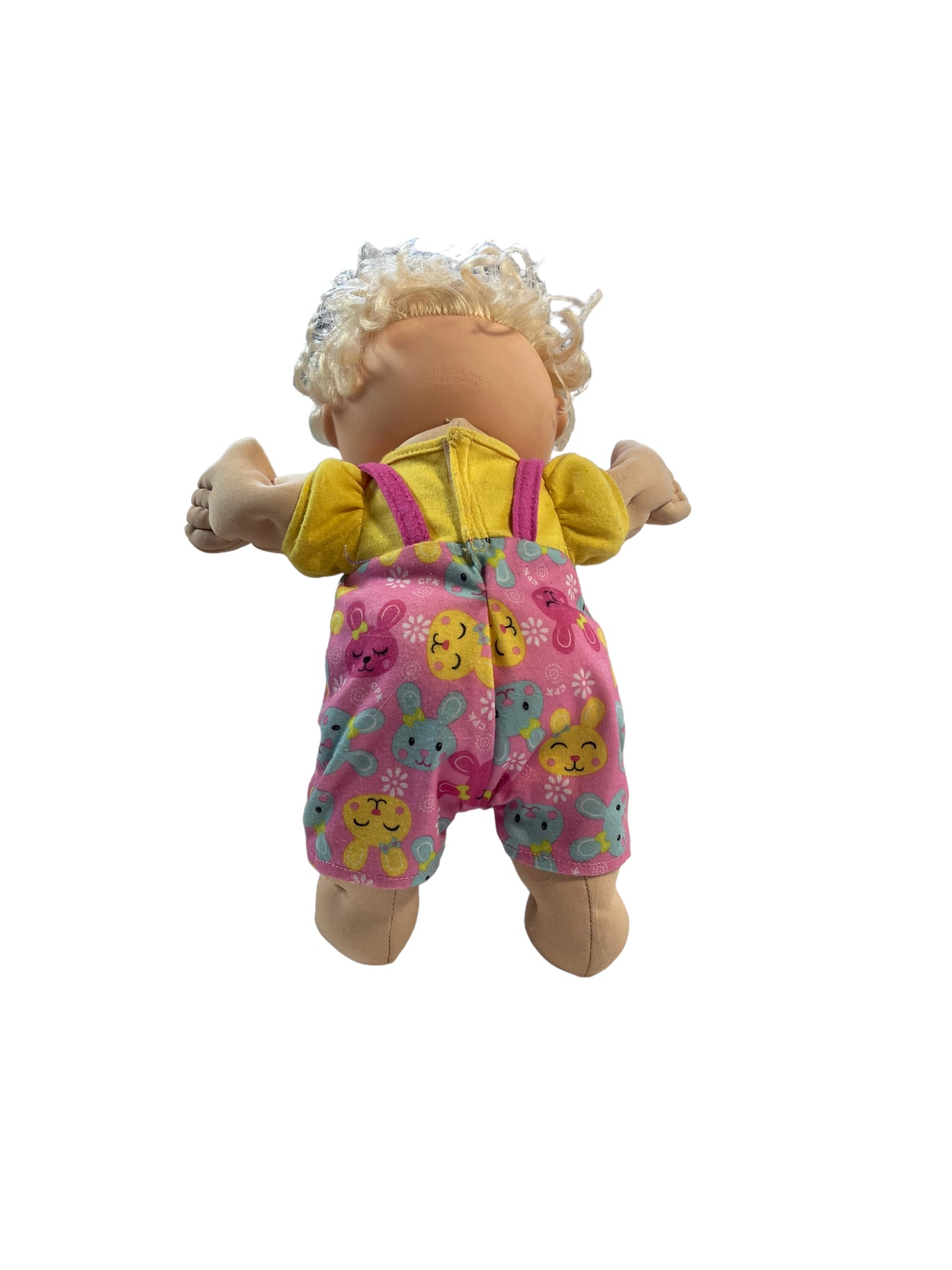 Sweet Blond Scented Curly Hair Cabbage Patch Doll Pink/Yellow Bunny Print Overall GUC