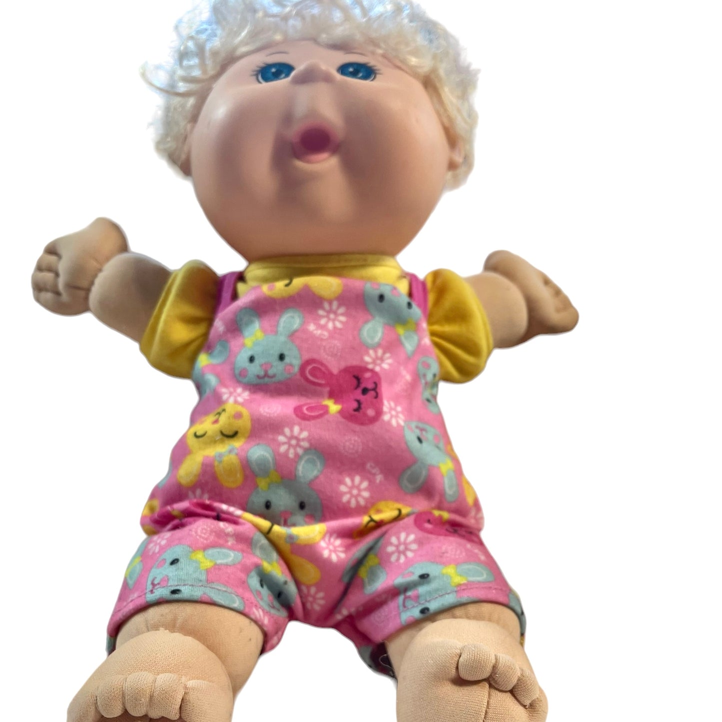 Sweet Blond Scented Curly Hair Cabbage Patch Doll Pink/Yellow Bunny Print Overall GUC