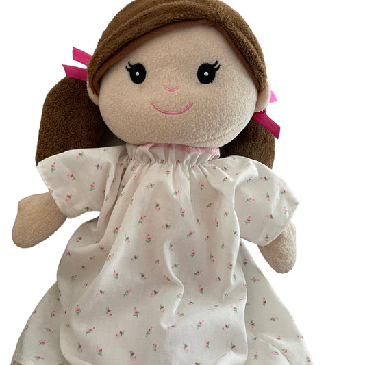 Vintage Brunette Cloth Baby Doll Plush Toy 11" Dainty Rosebud Nightie