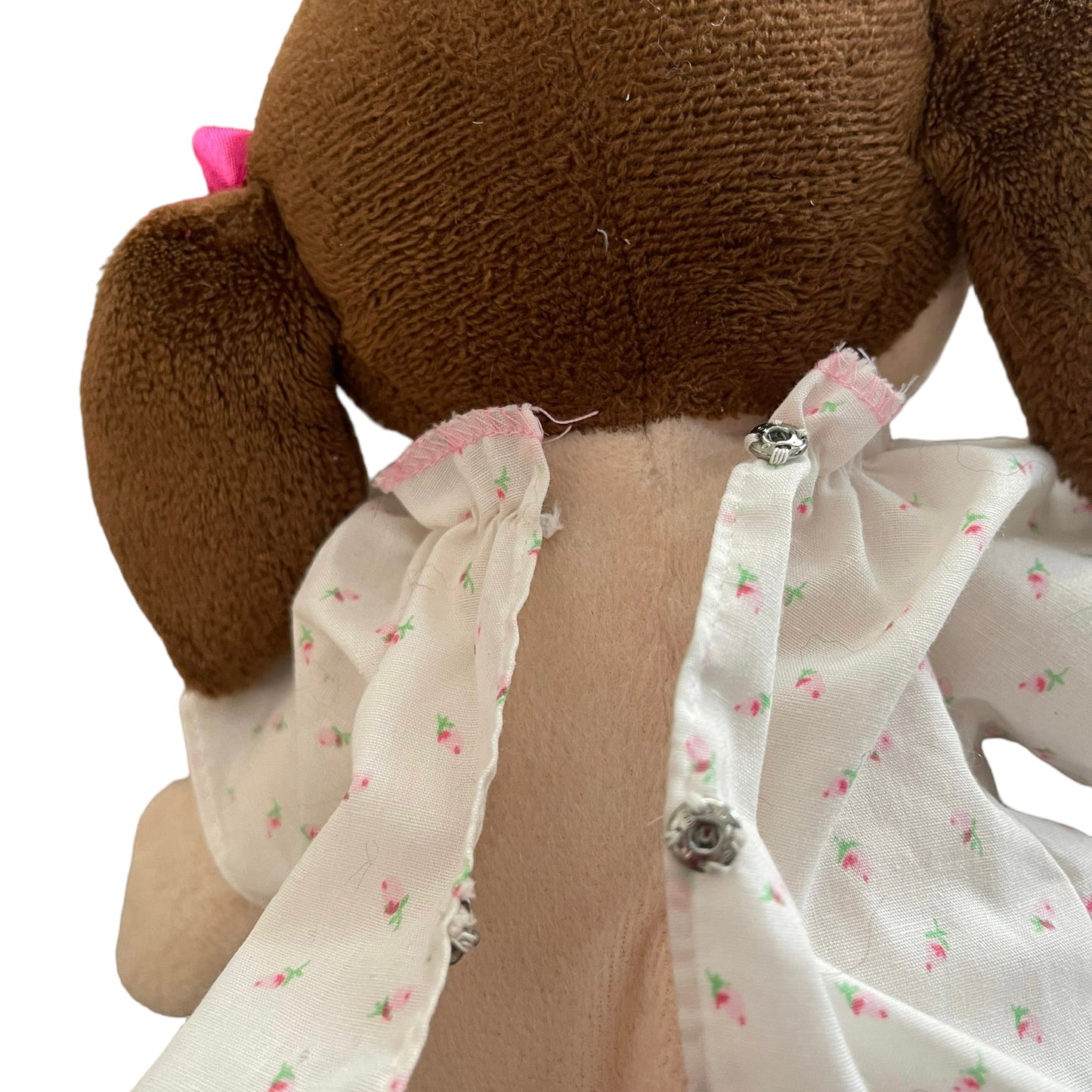 Vintage Brunette Cloth Baby Doll Plush Toy 11" Dainty Rosebud Nightie