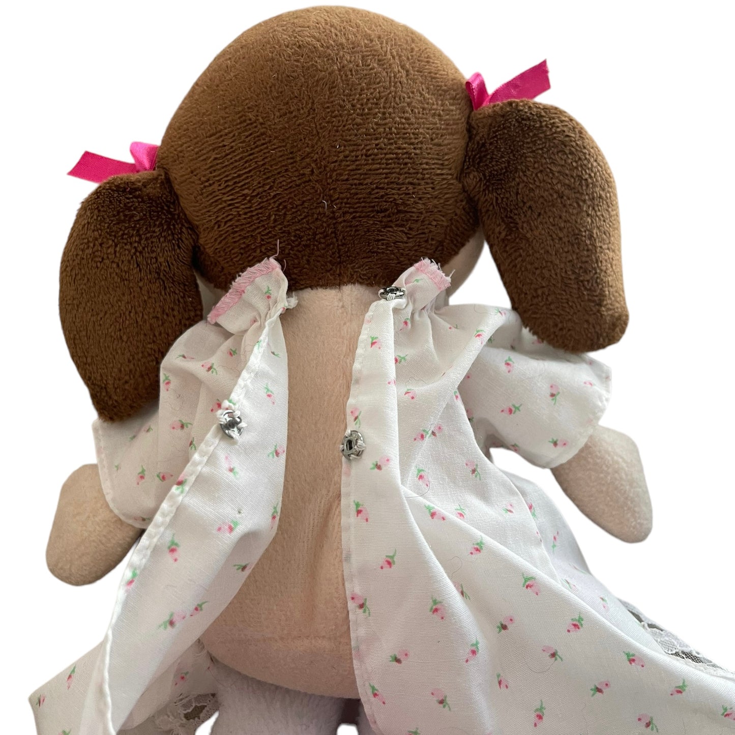 Vintage Brunette Cloth Baby Doll Plush Toy 11" Dainty Rosebud Nightie