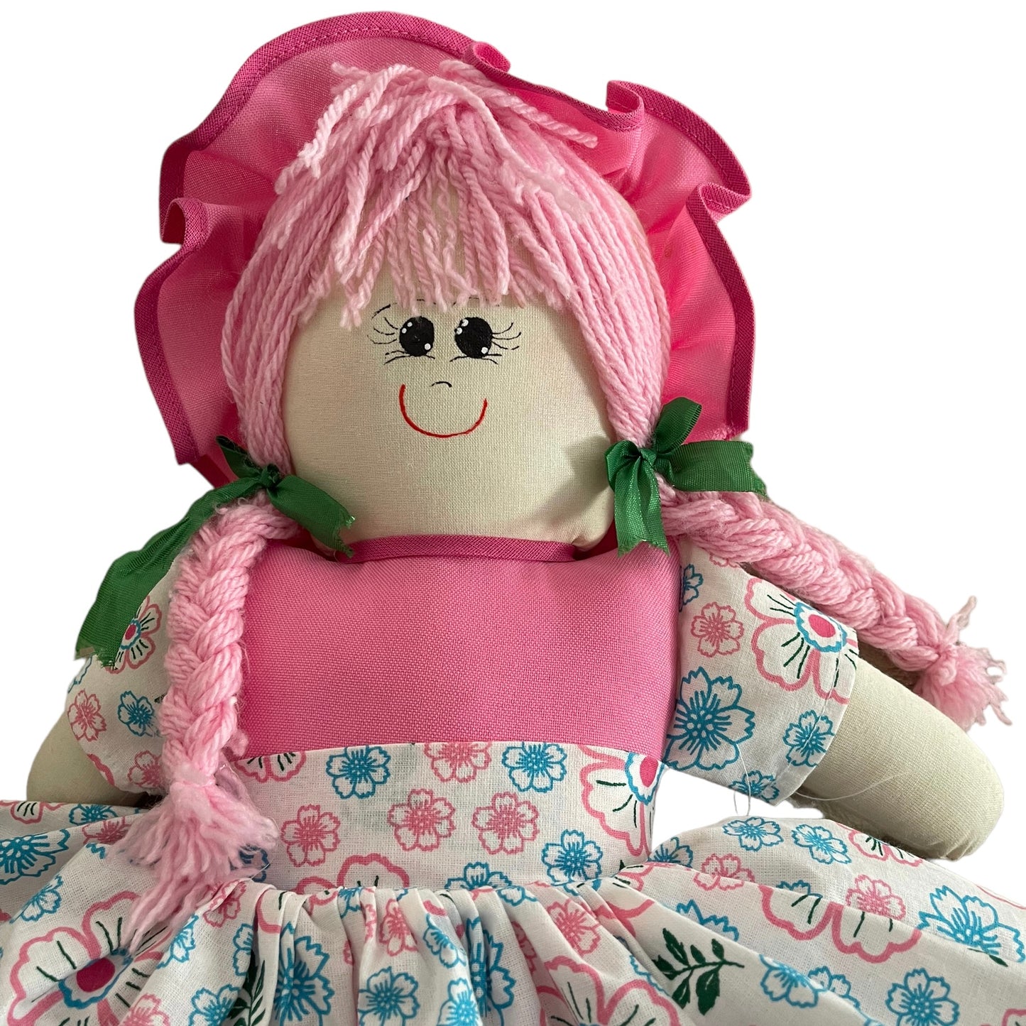 Beautiful 20" Rag Doll, Pink Yarn Hair & Floral Outfit in Excellent Preowned Condition