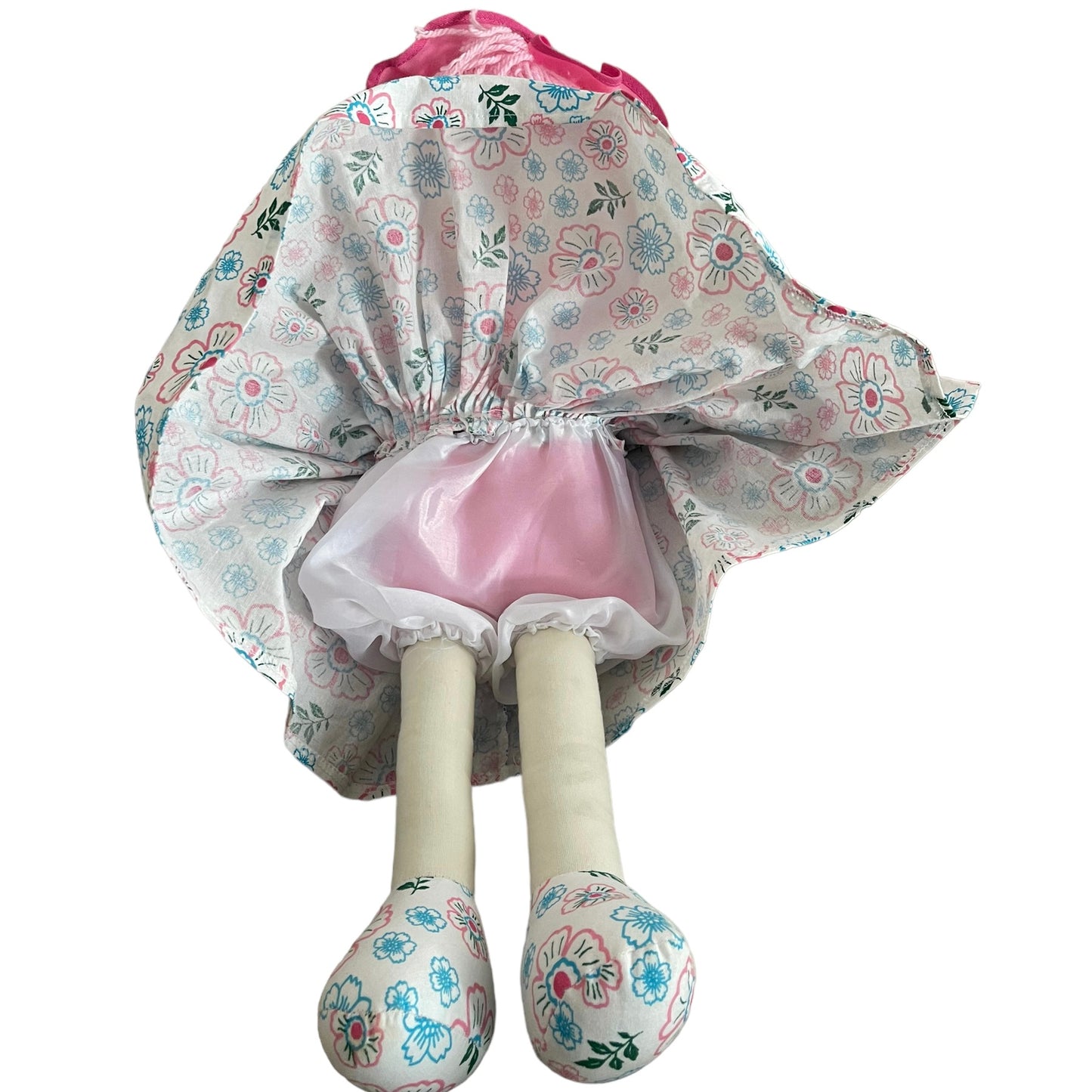 Beautiful 20" Rag Doll, Pink Yarn Hair & Floral Outfit in Excellent Preowned Condition