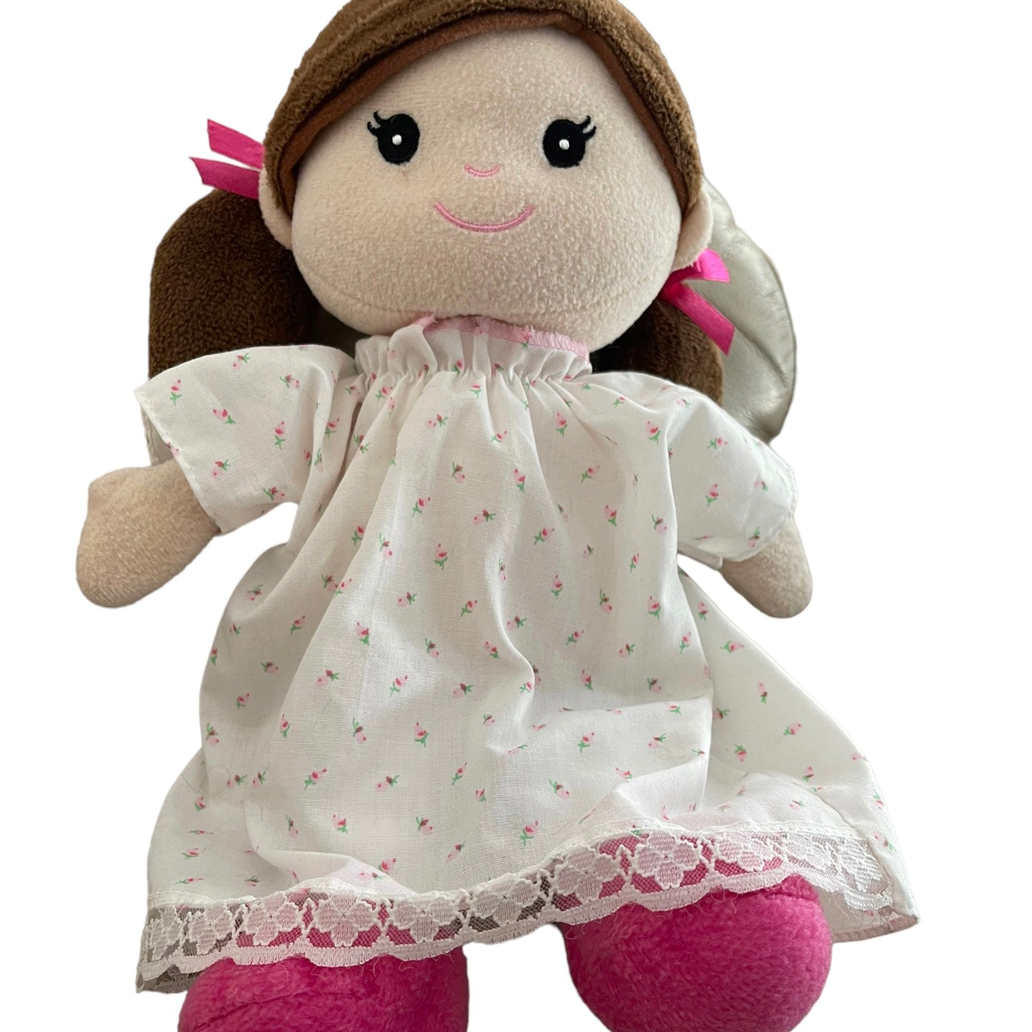 Vintage Brunette Cloth Baby Doll Plush Toy 11" Dainty Rosebud Nightie