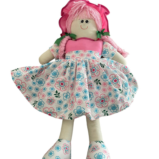 Beautiful 20" Rag Doll, Pink Yarn Hair & Floral Outfit in Excellent Preowned Condition