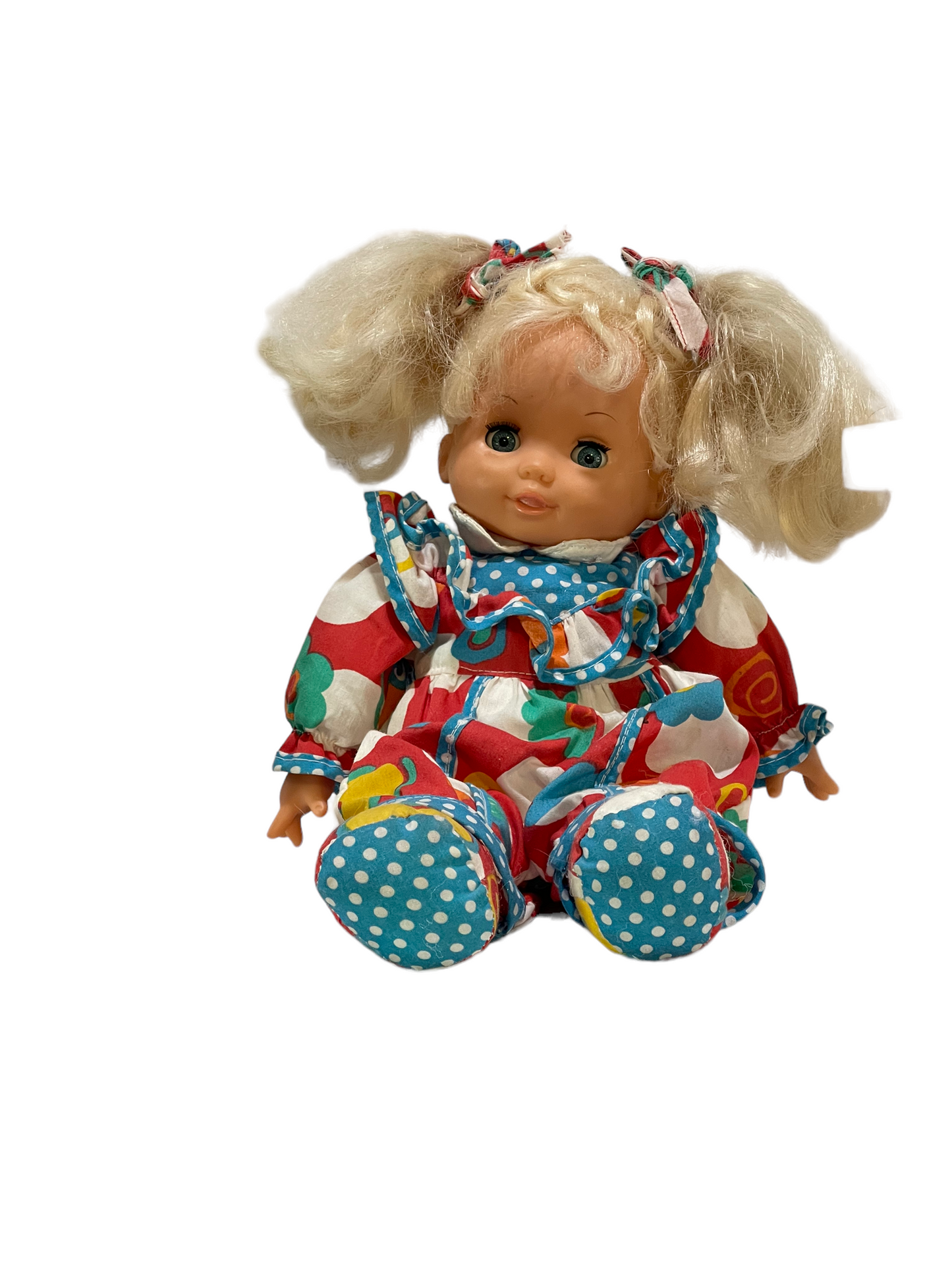 Vintage Blond/Blue Sleepy Eyed Baby Doll in Pretty 70's Romper & Shoes