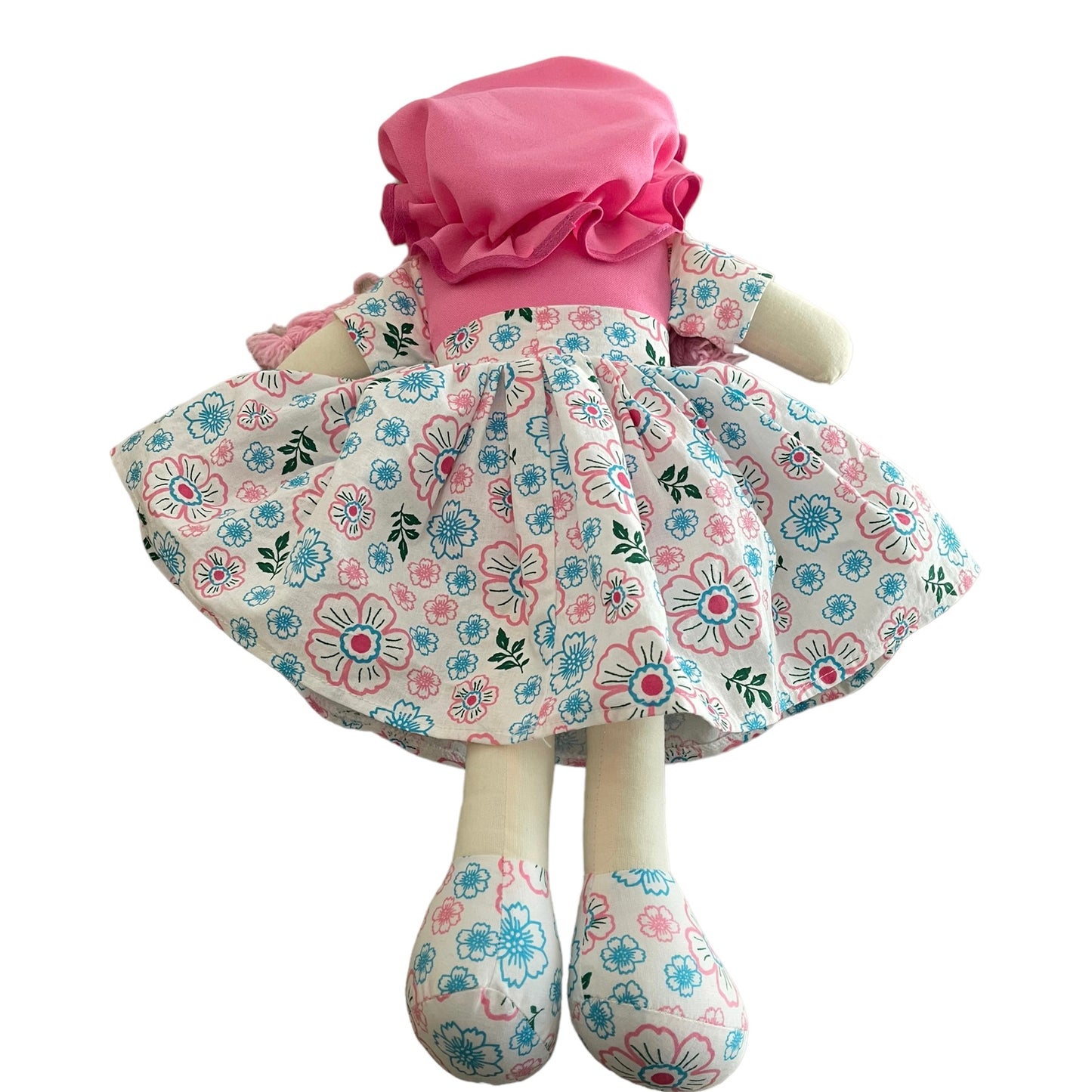 Beautiful 20" Rag Doll, Pink Yarn Hair & Floral Outfit in Excellent Preowned Condition