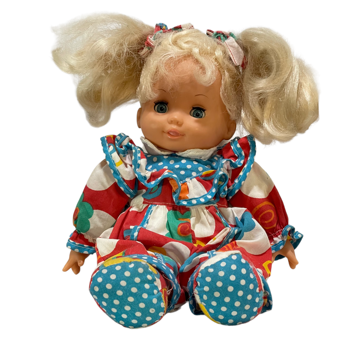 Vintage Blond/Blue Sleepy Eyed Baby Doll in Pretty 70's Romper & Shoes