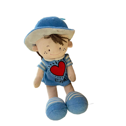 Espana  Blue Cloth  Doll, Red Heart & Embroidered Freckled Face & Wool Hair. Preowned.