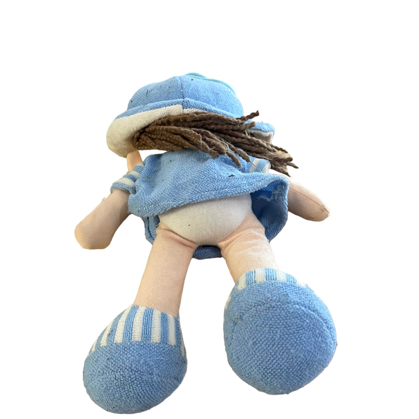 Espana  Blue Cloth  Doll, Red Heart & Embroidered Freckled Face & Wool Hair. Preowned.