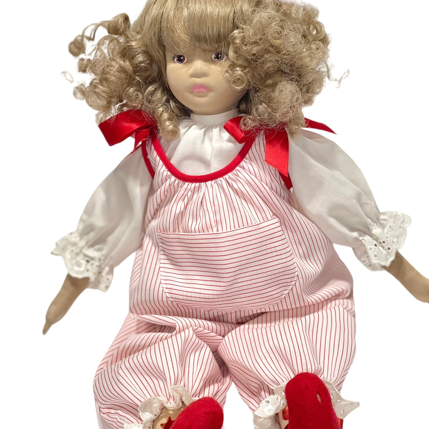 Doll by Pauline, Vintage with Ash Blond Curls & Hand Painted Vinyl Face, Striped Romper