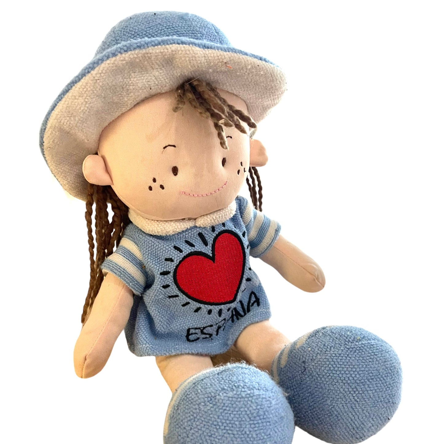 Espana  Blue Cloth  Doll, Red Heart & Embroidered Freckled Face & Wool Hair. Preowned.