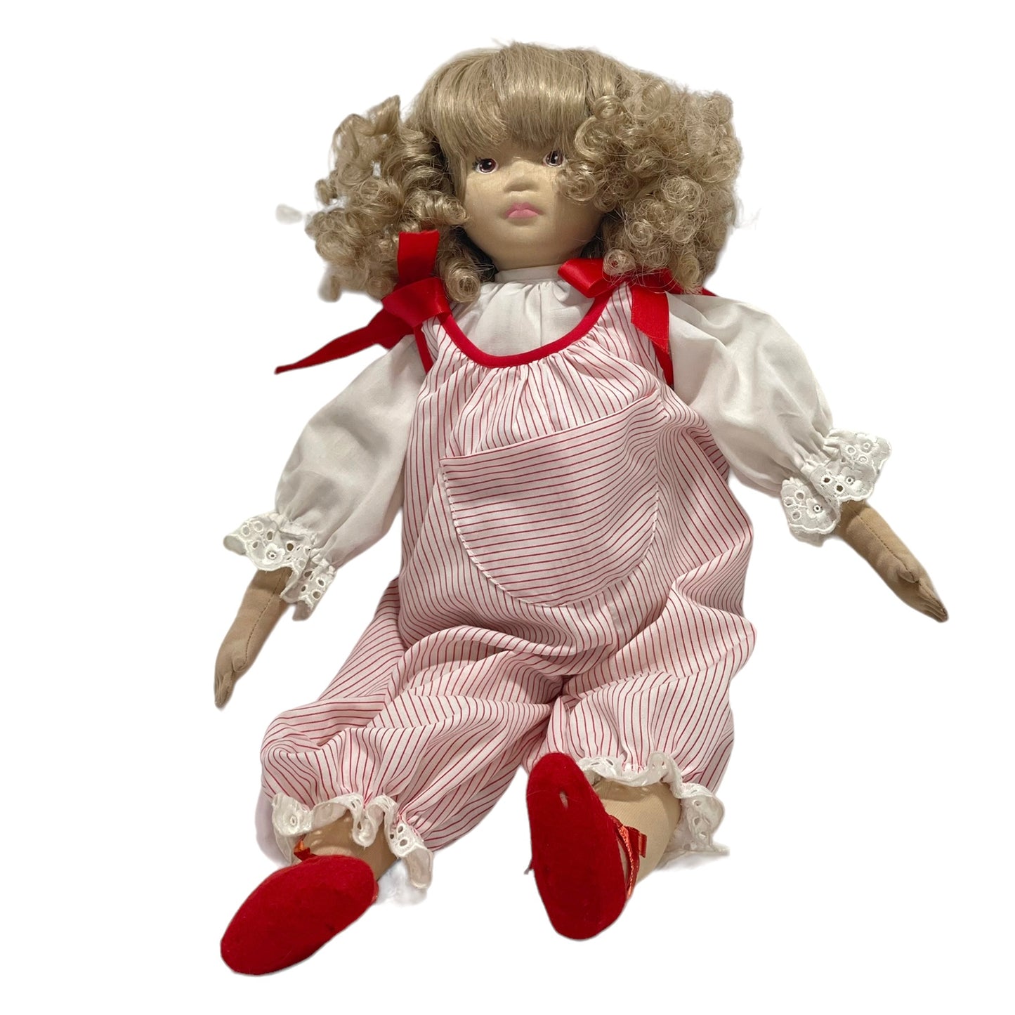 Doll by Pauline, Vintage with Ash Blond Curls & Hand Painted Vinyl Face, Striped Romper