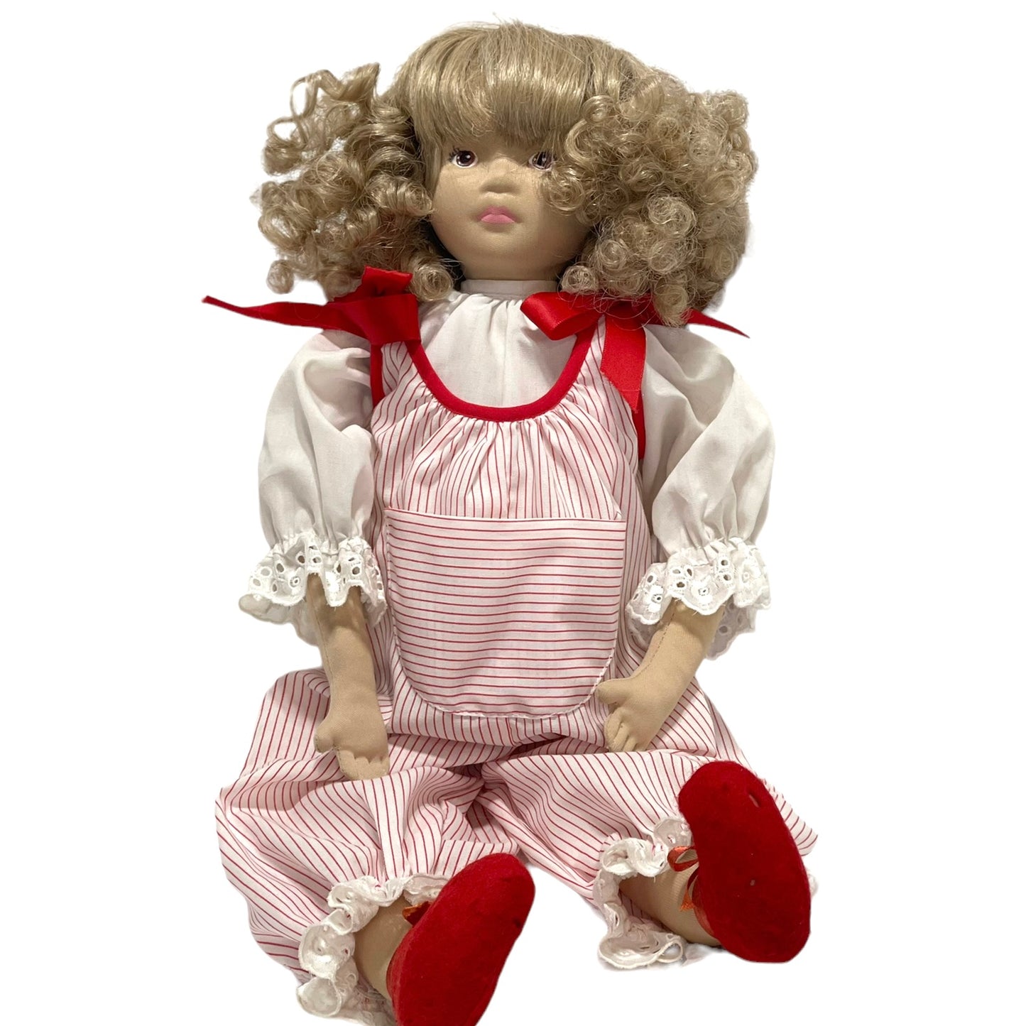 Doll by Pauline, Vintage with Ash Blond Curls & Hand Painted Vinyl Face, Striped Romper