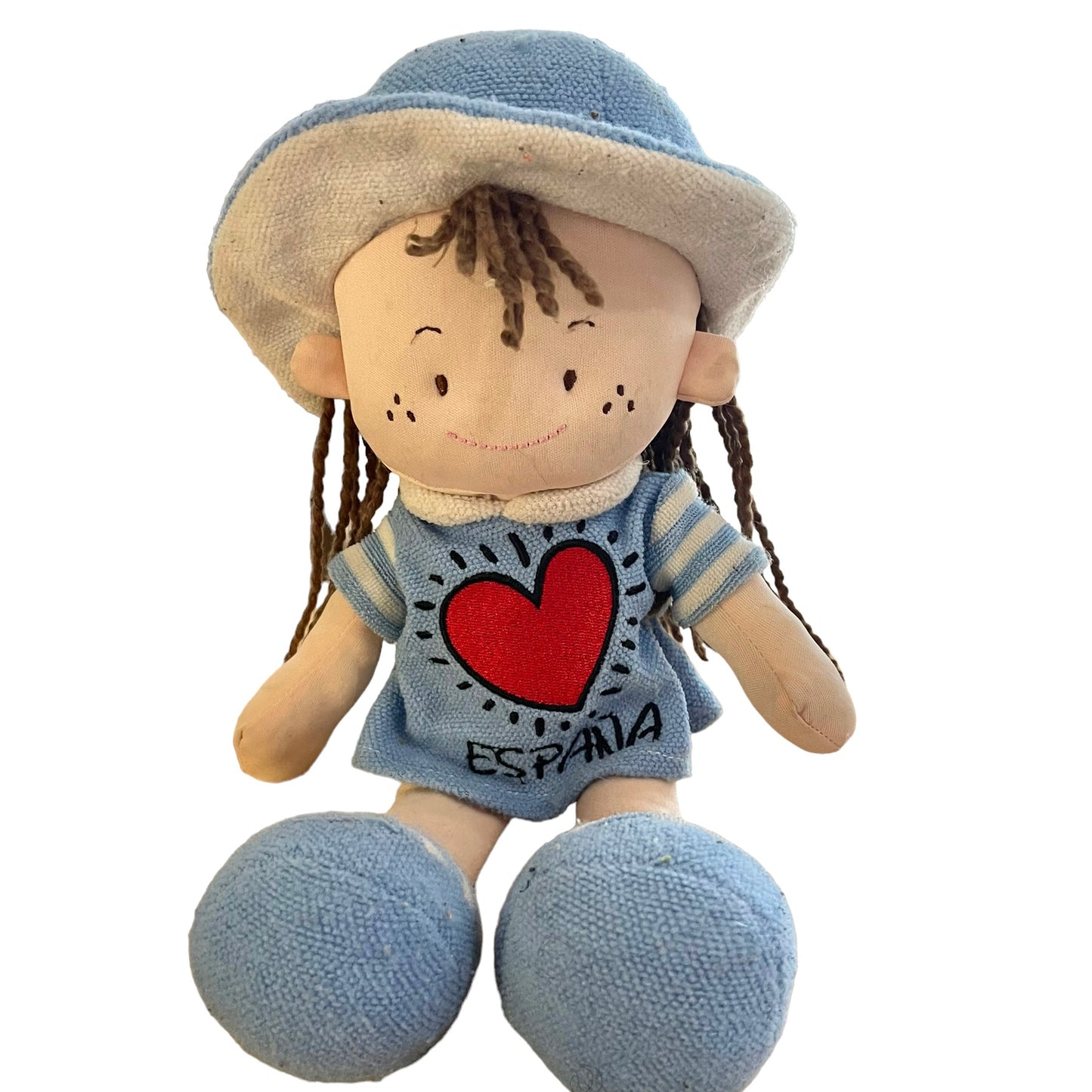 Espana  Blue Cloth  Doll, Red Heart & Embroidered Freckled Face & Wool Hair. Preowned.